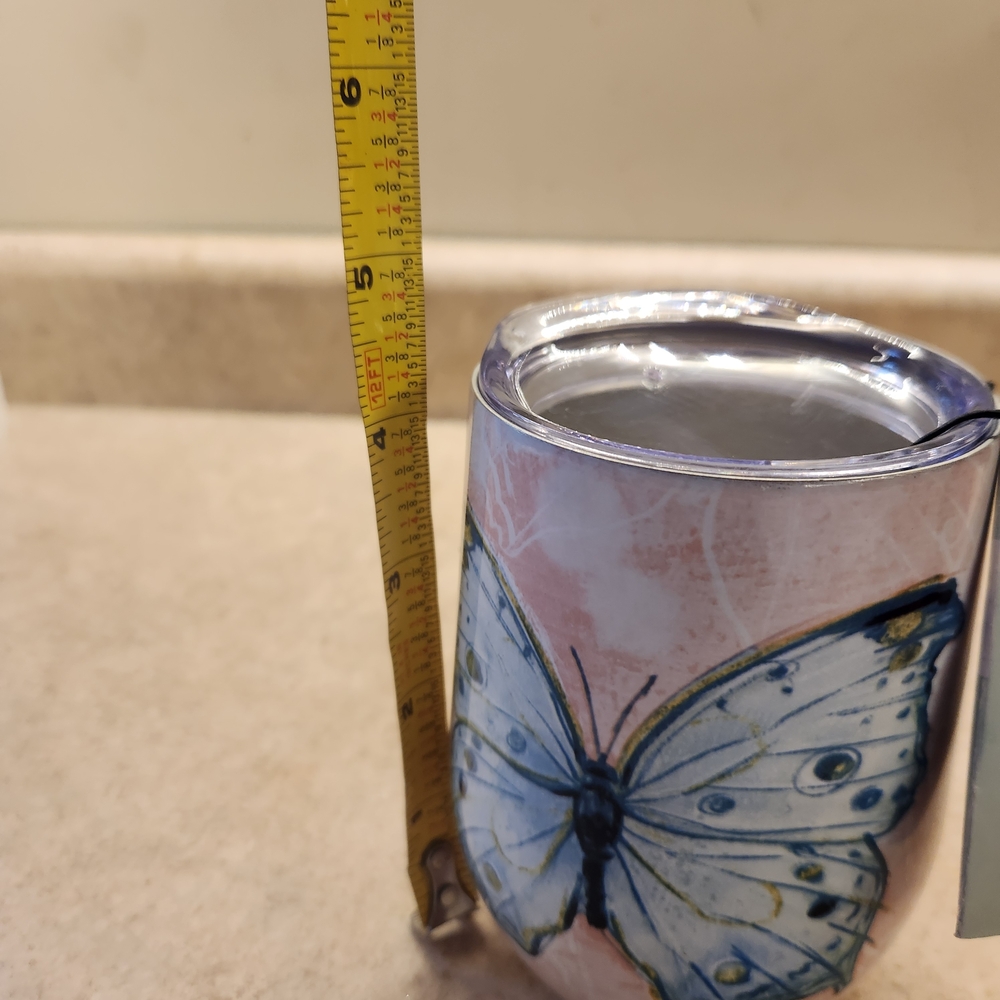 NWT Metal Pink Wine Tumbler With Blue Butterfly And Cover 12oz - Picture 4 of 8